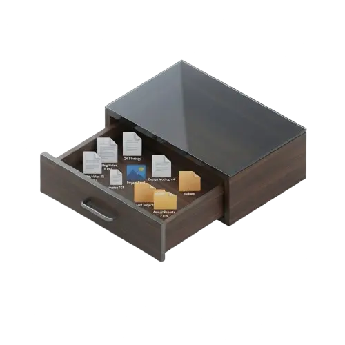 A tidy digital drawer resting on a laptop keyboard, with files tucked inside